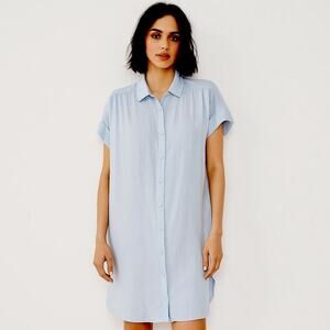 Well Worn Women’s Linen Viscose Shirt Dress Large Blue Short Sleeve Midi Pockets